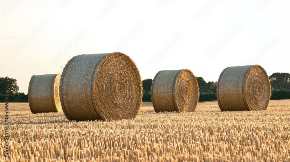 Golden Countryside Scene with Hay Bales Isolated on White Background Golden Countryside Scene with Hay Bales Isolated on White Background