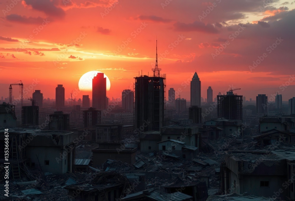 Obraz premium Crumbling cityscape, skeletal structures against a toxic sunset, desolate, dust