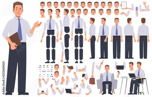 Business man character constructor. Salesman or manager. Set of hands legs body and head positions to create animation