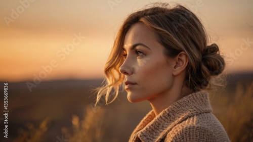 Thoughtful blonde woman in warm sunset light. Close-up portrait