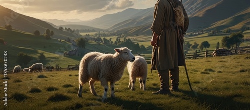 A shepherd guiding his flock of sheep through lush green fields during sunset in the countryside