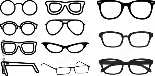 Eyeglasses Frames Vector Set, Glasses Outline, Spectacles Silhouette, Sunglasses Frame, Optical Glasses, Shades Design, Lens Frame, Classic and Modern Glasses, Retro, Fashion, Transparent Glasses
