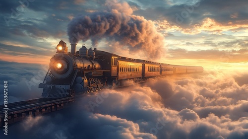 Dreamlike journey: A vintage steam train soaring above a sea of clouds