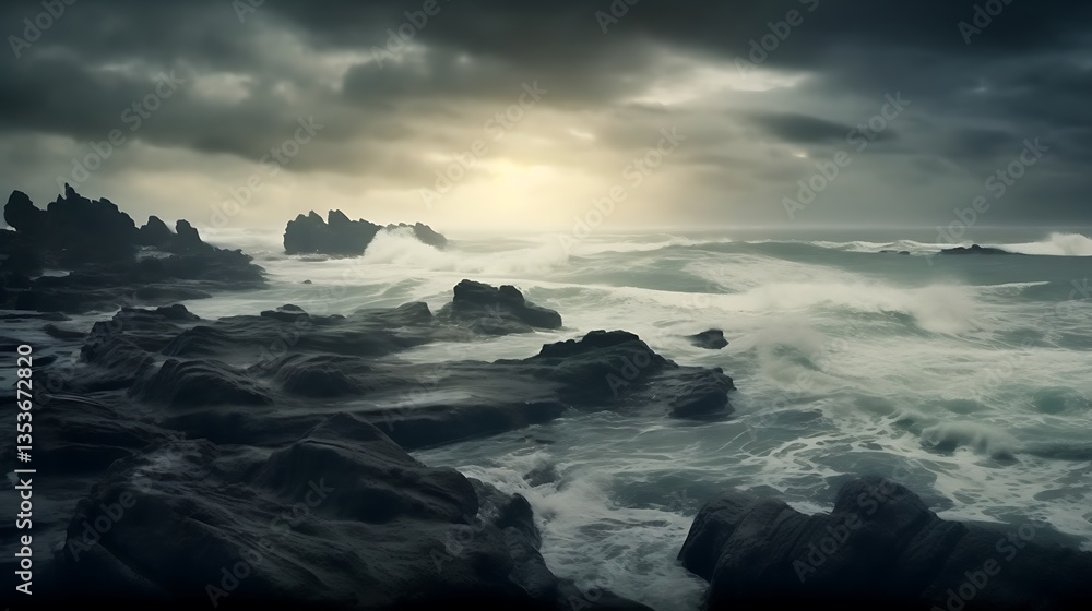Fototapeta premium Dark Rocks and Stormy Ocean Waves Crashing