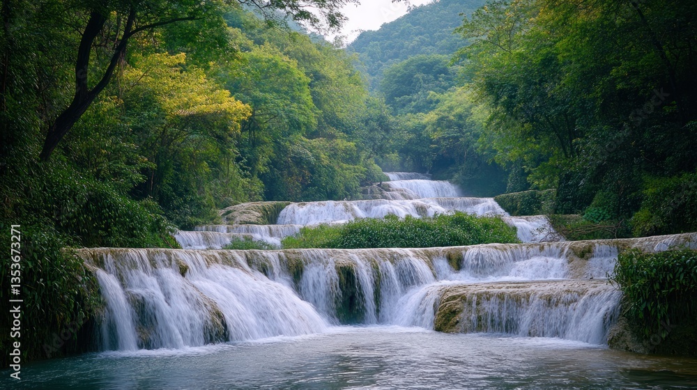 Fototapeta premium Picturesque cascading waterfalls nestled in a lush green forest landscape