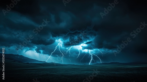 A dramatic stormy sky with heavy dark clouds and multiple lightning bolts illuminating the landscape.