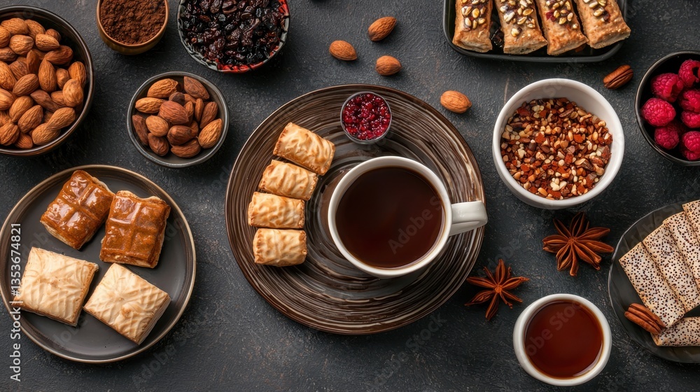 Fototapeta premium A festive table filled with Eid delicacies, Arabic coffee, and vibrant Ramadan decorations.