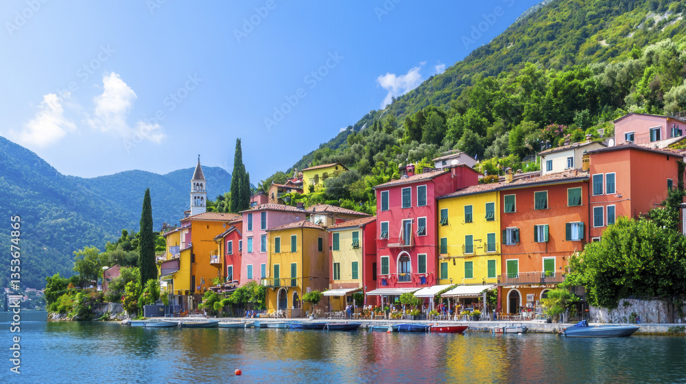 Obraz premium picturesque lakeside view featuring colorful buildings along water, surrounded by lush green hills and clear blue sky, evokes sense of tranquility