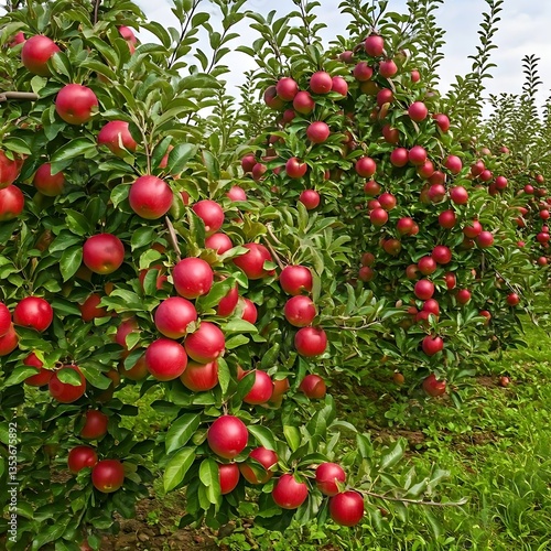 An apple orchard with ripe red apples hanging from the trees, ready for harvest.