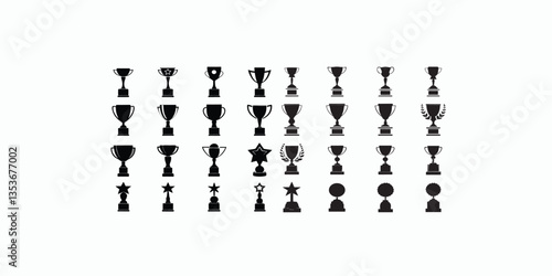 Print  Set of black trophy silhouettes in various designs. Award cups vector set, trophy black icons, sport champion prize isolated on white background