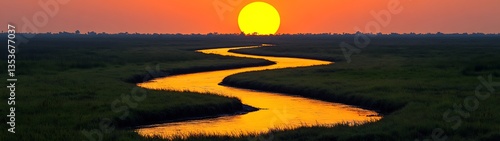 A vibrant golden sunset over a winding river landscape