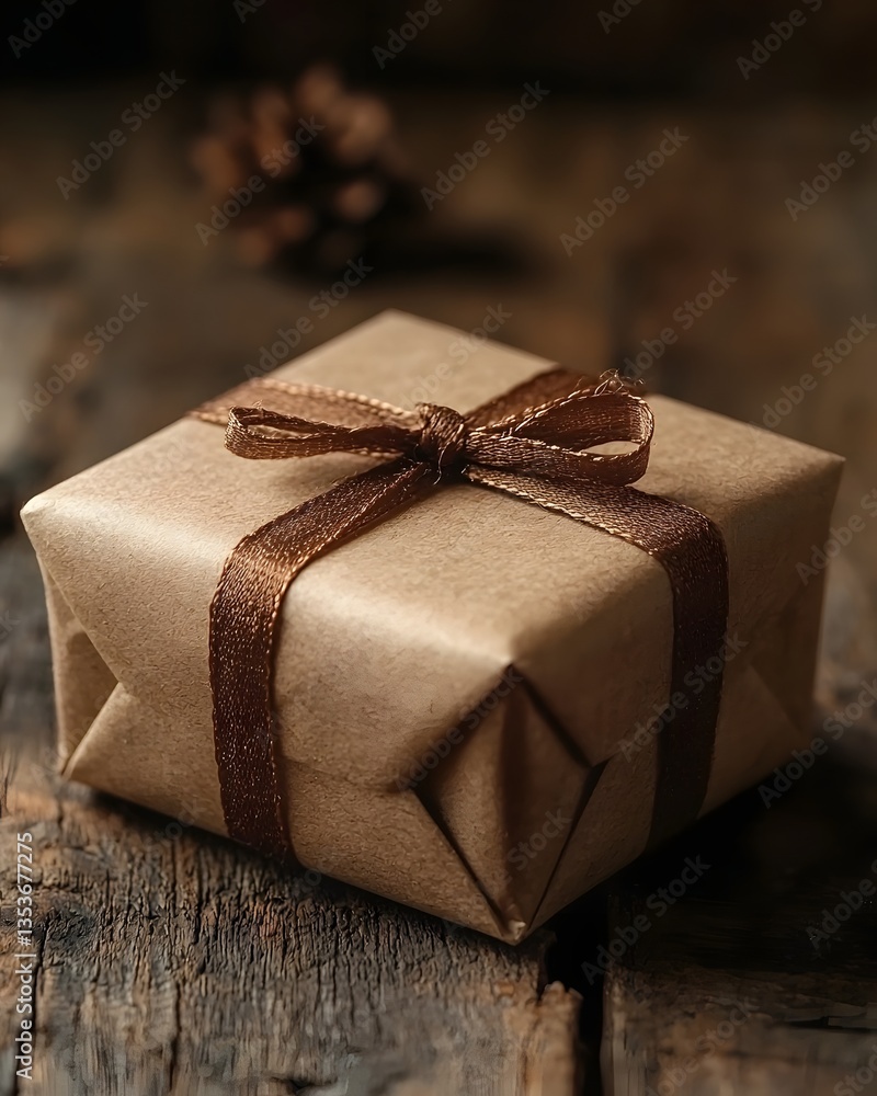A neatly wrapped gift box with a glowing ribbon on a warm rustic wooden surface A neatly wrapped gift box with a glowing ribbon on a warm rustic wooden surface