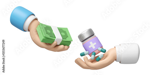 3d hand holding a stack of banknotes with doctor hand holding medicine bottle, antibiotics isolated. expensive medicine concept, 3d illustration render