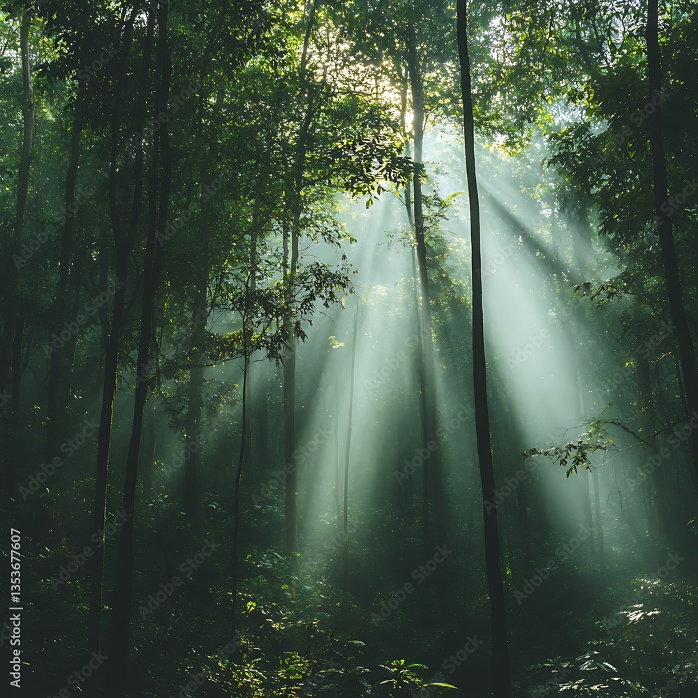 Sunlight beams shining through trees in a lush green forest Sunlight beams shining through trees in a lush green forest