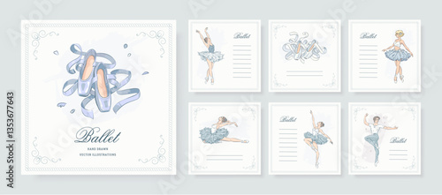 Set of ballet school square card template with hand drawn ballerina, pointe shoes on white background. Ballet studio poster, web banner, cover of flyer design. Vector illustration