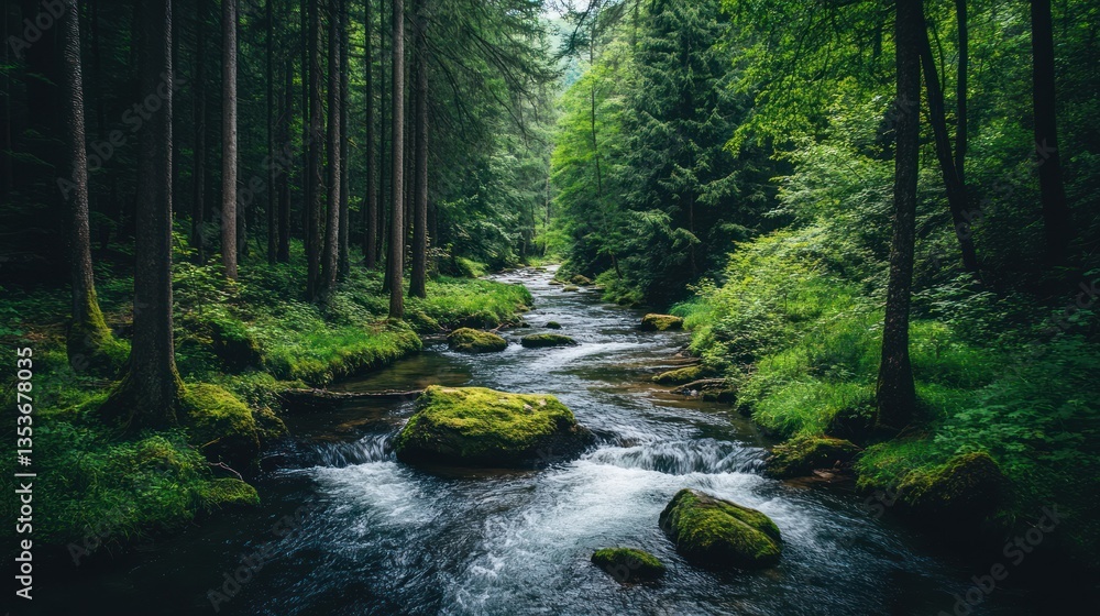 Obraz premium Serene River Vista: A Tranquil Stream Flowing Through Verdant Woodland