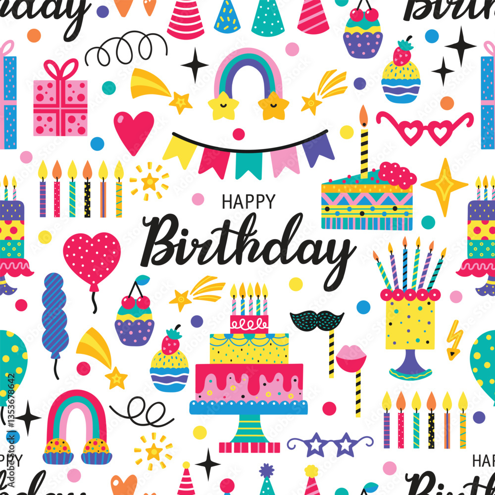 Party seamless pattern with cakes, gift boxes, balloons and party decoration. Great for birthday parties, textiles, banners, wallpapers, wrapping. Hand drawn elements. Vector illustration Party seamless pattern with cakes, gift boxes, balloons and party decoration. Great for birthday parties, textiles, banners, wallpapers, wrapping. Hand drawn elements. Vector illustration