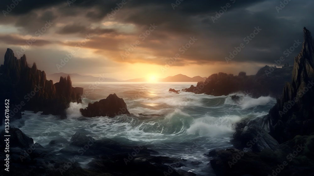 Obraz premium Dramatic Ocean Sunset Rocky Coastline Scene