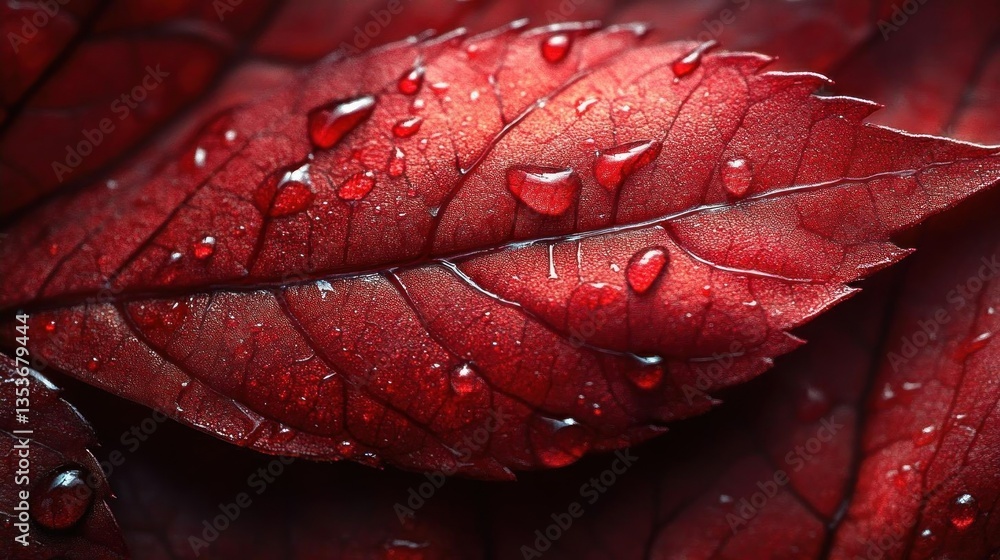 Fototapeta premium Red Autumn Leaf Dew Drops Macro Photography Nature