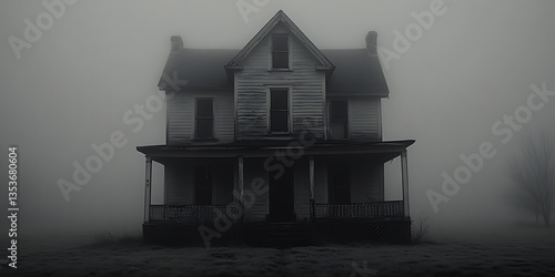 An old dilapidated house sits isolated in thick atmospheric fog