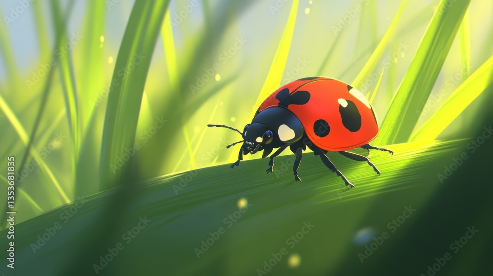 Obraz premium Ladybug on a blade of grass in sunlight.