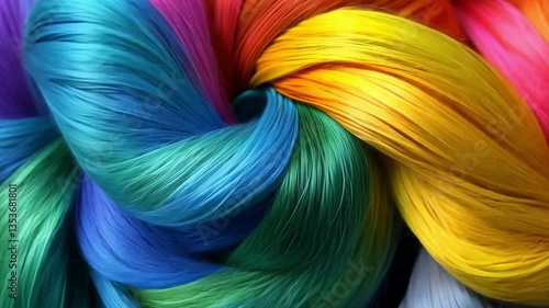 Vibrant Rainbow Hair Strands Colorful Display of Blue, Green, Yellow, Red, and Pink Hues Creating Striking Visual Effect and Artistic Composition.