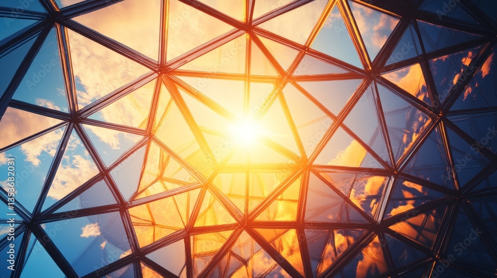 Fototapeta premium Sunset viewed through a geometric glass structure.