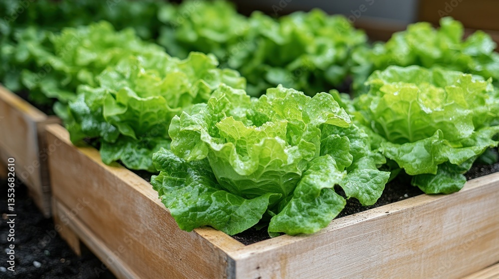 Fresh, vibrant green lettuce plants in raised wooden garden beds. Healthy, thriving leafy greens Fresh, vibrant green lettuce plants in raised wooden garden beds. Healthy, thriving leafy greens