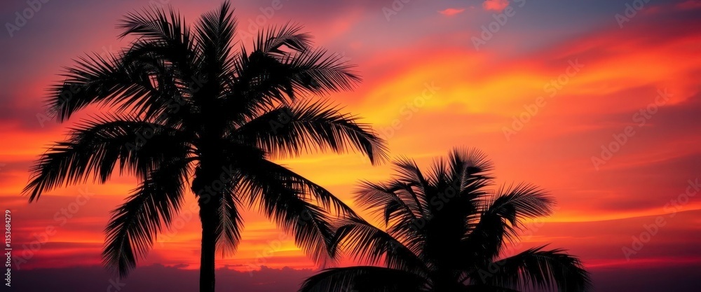 Silhouetted palm tree against vibrant sunset sky, graphic, Florida Silhouetted palm tree against vibrant sunset sky, graphic, Florida