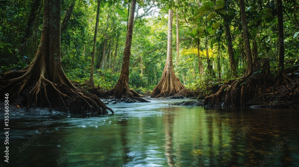 Obraz premium Lush Tropical Rainforest River Scene with Ancient Trees and Reflections