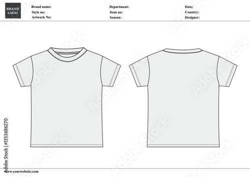 Basic Tee shirt overall technical fashion flat drawing template. Blank flat Short sleeve t-Shirt design for kids. Vector art illustration Front and Back View.
