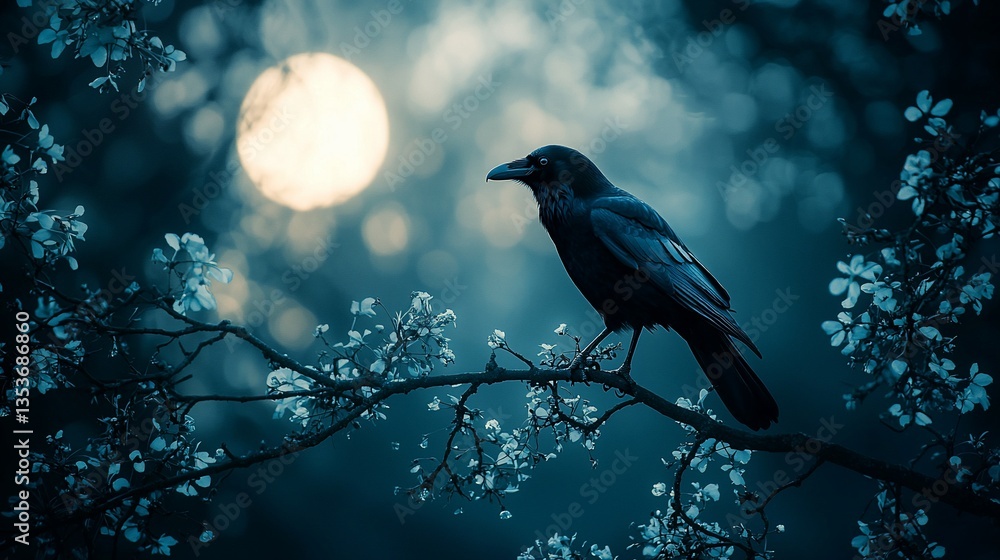 Fototapeta premium Lone crow perched on flowering branch at night, moonlit scene.