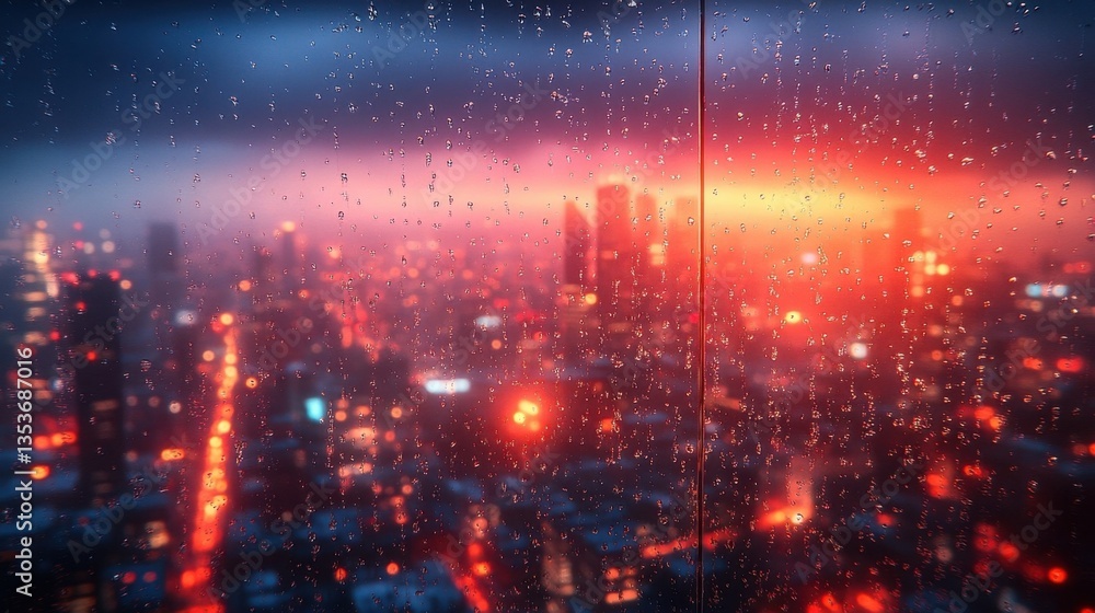 Fototapeta premium Rainy Urban Night Scene With City Skyline Orange Sunset and Lights