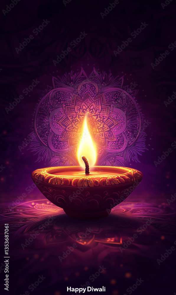 Traditional Oil Lamp Illuminating Diwali Night with Decorative Background, dark purple luxury background. Traditional Oil Lamp Illuminating Diwali Night with Decorative Background, dark purple luxury background.
