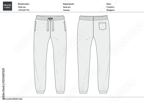 Fleece fabric Jogger Sweatpants overall technical fashion flat sketch vector illustration template front, back views. Apparel Clothing Design Mock up Cad.
