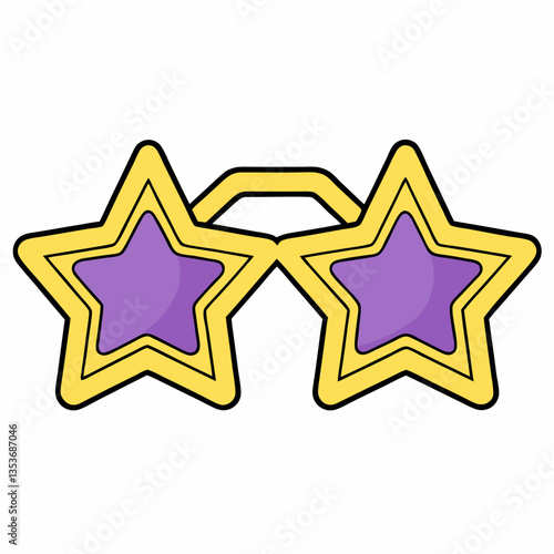 novelty glasses with yellow star-shaped frames and purple lenses on white background
