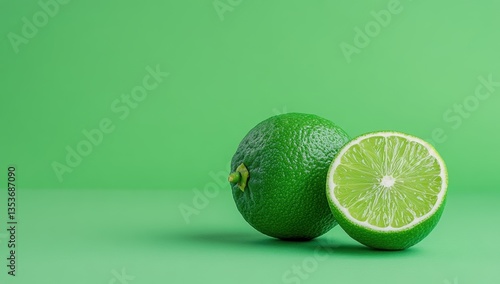 Fresh green lime cut in half on vibrant green background showcasing citrus texture and natural freshness © si9nzation