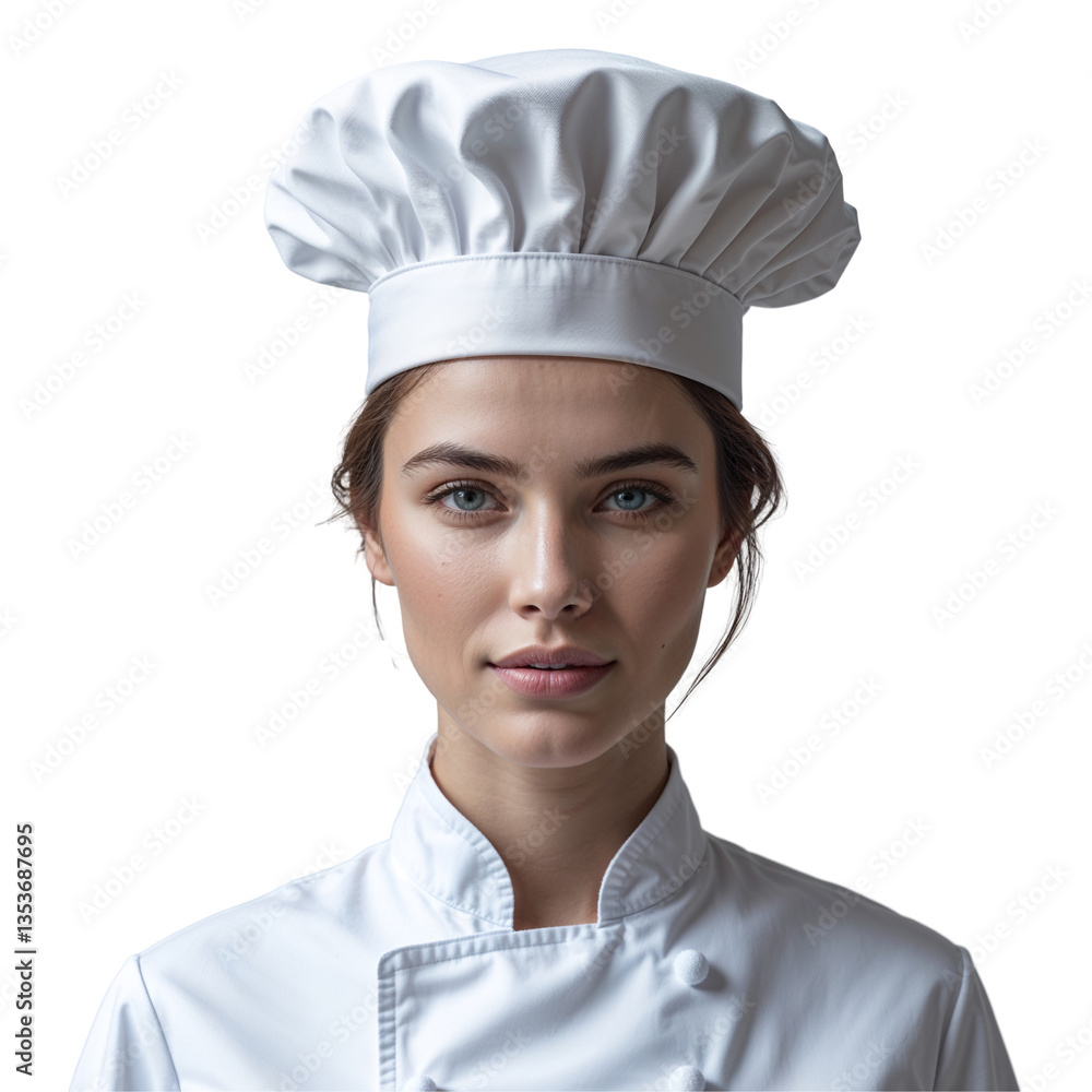 Professional female chef with a sharp and determined expression, culinary industry portrait with realistic texture and minimal makeup, transparent background Professional female chef with a sharp and determined expression, culinary industry portrait with realistic texture and minimal makeup, transparent background