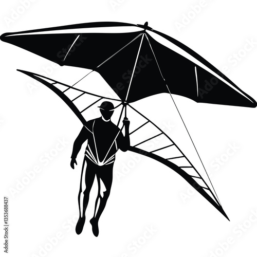 Silhouette vector of a hang glider in flight, perfect for adventure, extreme sports, and outdoor designs. Downloadable EPS format, scalable for any project