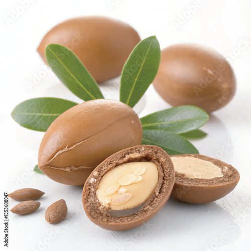 A close up of argan nuts and seeds with one nut