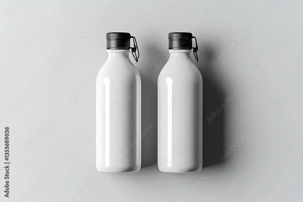 Two White Bottles with Black Lids on a Grey Surface, Modern and Minimalist Design Two White Bottles with Black Lids on a Grey Surface, Modern and Minimalist Design