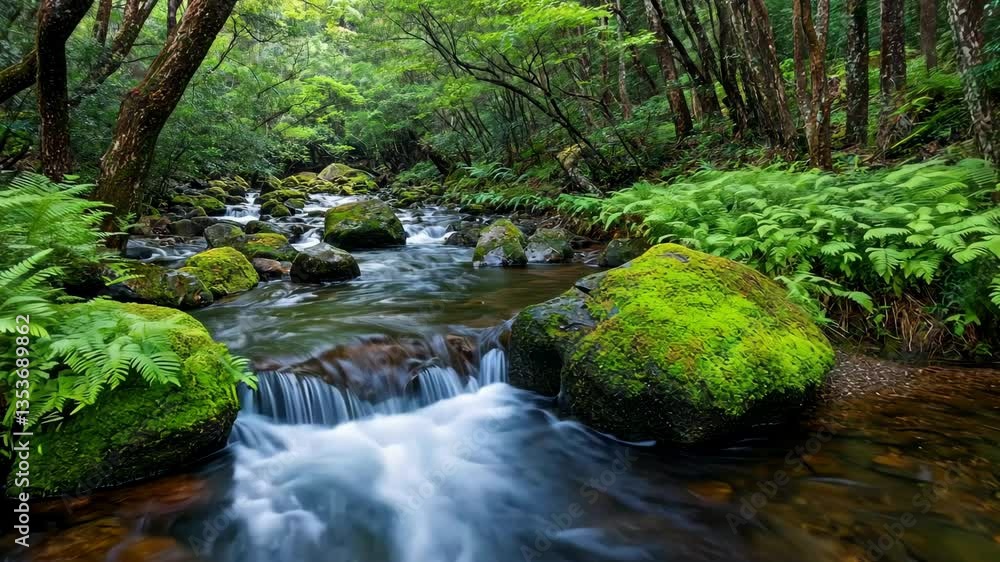 Flowing stream surrounded by lush greenery and moss-covered rocks in a tranquil forest setting Flowing stream surrounded by lush greenery and moss-covered rocks in a tranquil forest setting