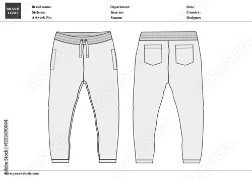 Fleece fabric Jogger Sweatpants overall technical fashion flat sketch vector illustration template front, back views. Apparel Clothing Design Mock up Cad.
