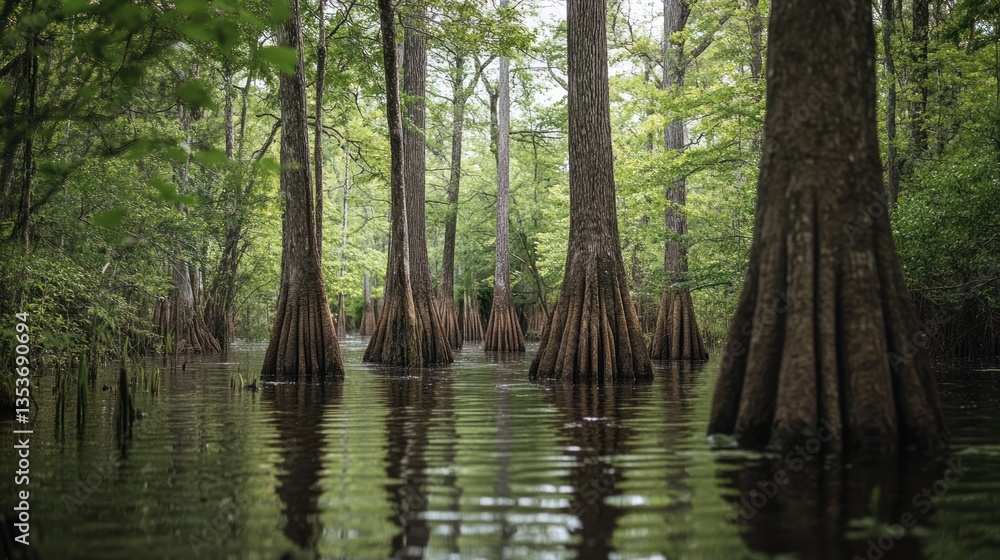Obraz premium Enchanting cypress forest scene with trees standing tall in calm waters