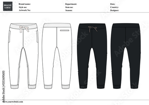Fleece fabric Jogger Sweatpants overall technical fashion flat sketch vector illustration template front, back views. Apparel Clothing Design Mock up Cad.
