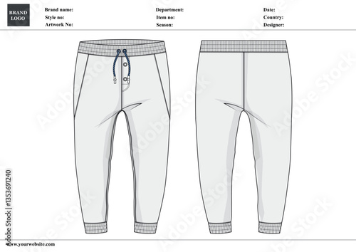 Fleece fabric Jogger Sweatpants overall technical fashion flat sketch vector illustration template front, back views. Apparel Clothing Design Mock up Cad.
