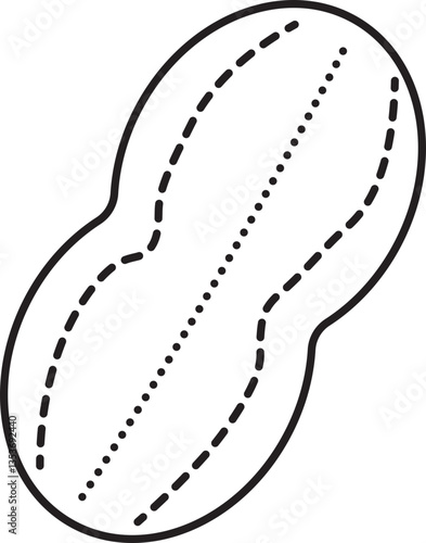 This shows simple black outline of peanut with dashed lines indicating its shell texture. design is minimalistic and stylized, focusing iconic shape of peanut.Peanut outline with dashed lines
