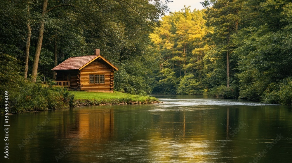 Obraz premium Idyllic small wooden cabin nestled by a serene river surrounded by lush trees