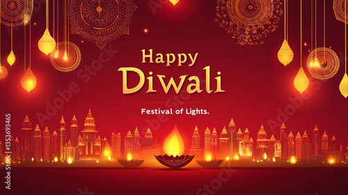 Happy Diwali Festival Celebration with Glowing Diyas, Hanging Lanterns, and Illuminated Cityscape