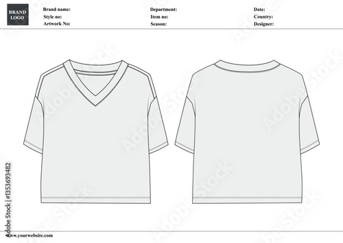 V-neck ladies t shirt tops  technical drawing fashion flat sketch vector illustration template  for ladies and baby girls